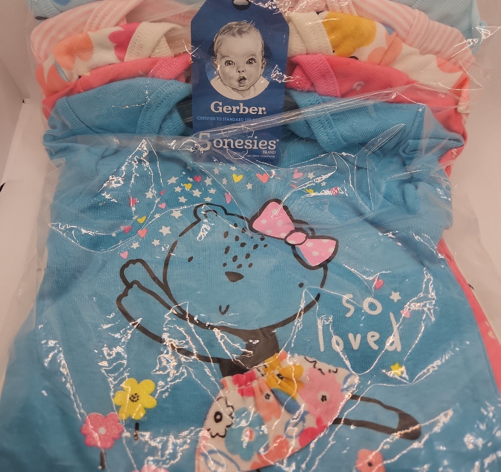 Gerber Baby Girl 5 Onsies Set - Blue, Pink, and Yellow